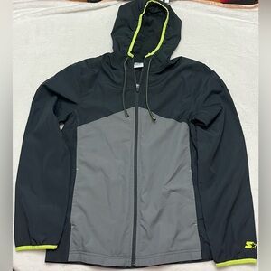 Starters lightweight men’s jacket. Size sm (34-36). Grey/Yellow. Zip up w/ hood.